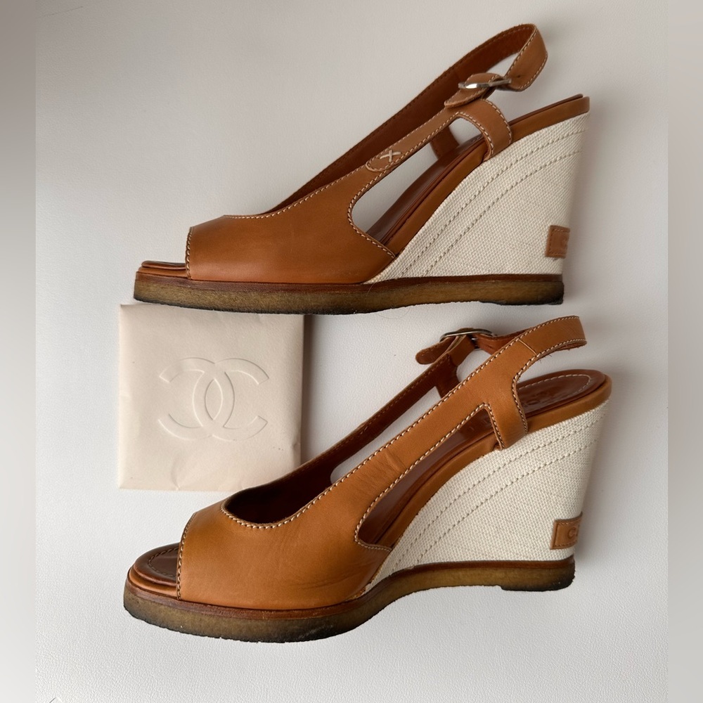 Authentic Chanel size 36.5 tan and cream leather wedge heel